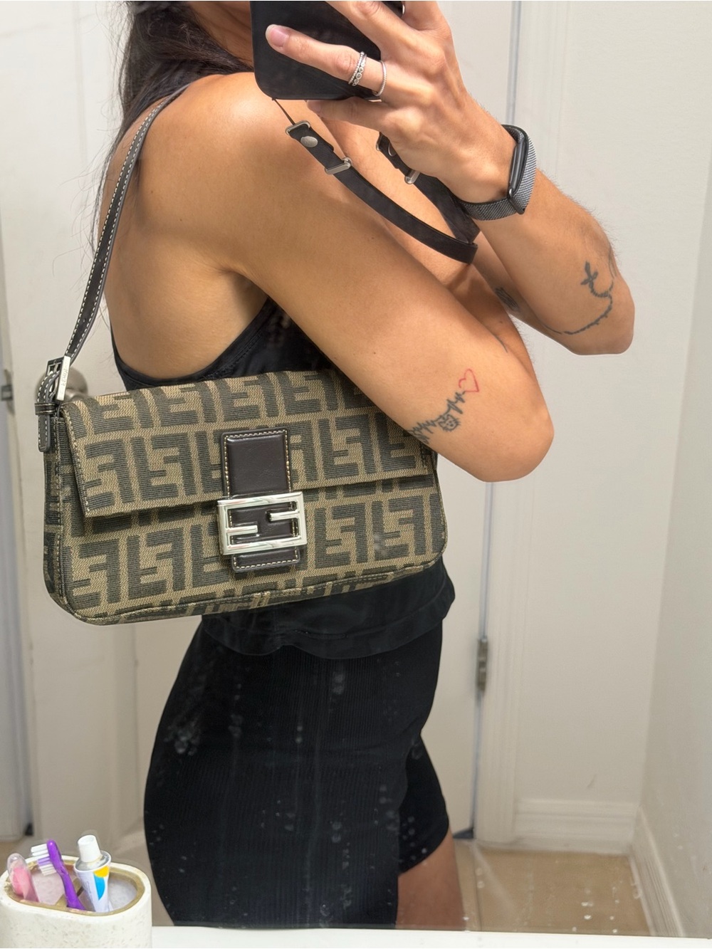 Fendi Brown Zucca FF Canvas Shoulder Baguette